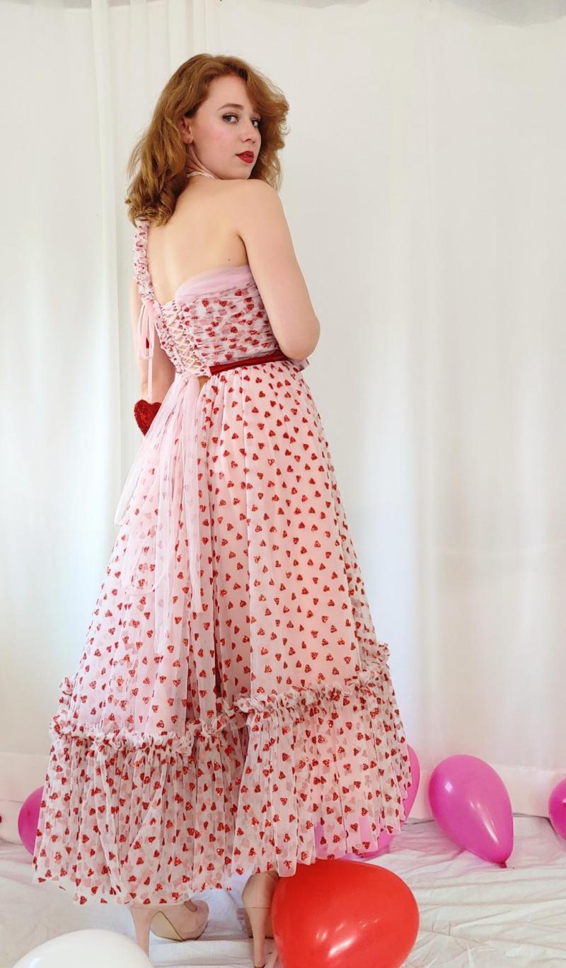Midi langes Tüllkleid aus Rosa rotes Tüll in 50er Jahre Stil
